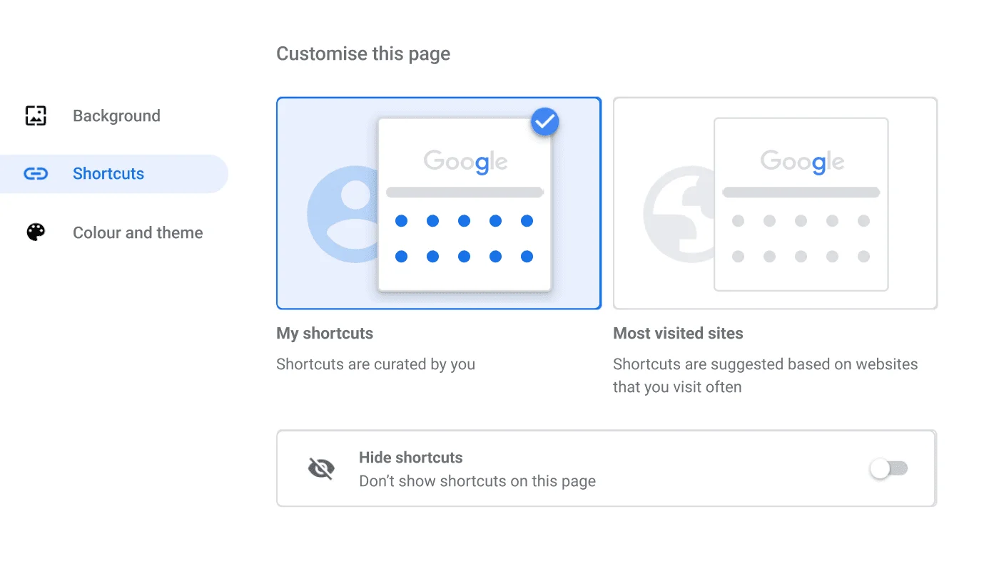 Chrome Browser settings window showing the Shortcuts dialogue.