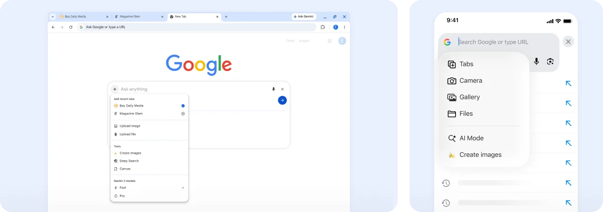 A menu on mobile and desktop devices shows how you can add context like tabs, images, and files to your AI Mode search